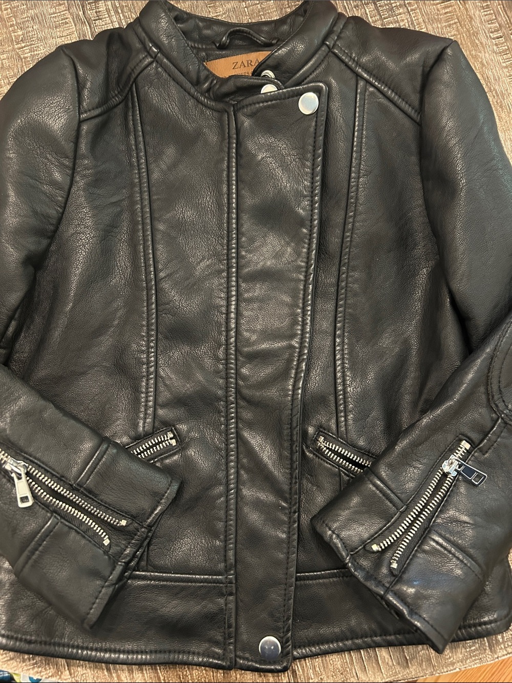 Zara Black Faux Leather Moto Jacket with Zipper Cuffs Girls size 8